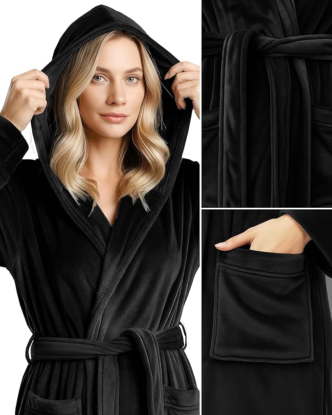 NY Threads Women's Fleece Hooded Bathrobe Plush Long Spa Robe, Medium