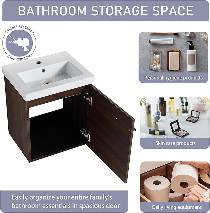 18" Bathroom Vanity with Sink, 18 Inch Floating Bathroom Vanity for Small Space, Modern Bathroom Vanity, Brown Wall Mounted Cabinet Set（017）