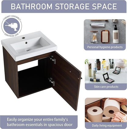 18" Bathroom Vanity with Sink, 18 Inch Floating Bathroom Vanity for Small Space, Modern Bathroom Vanity, Brown Wall Mounted Cabinet Set（017）