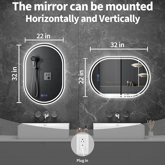 Oval LED Bathroom Mirror, 22"x 32" Frameless Lighted Mirror | LED Mirror with Front Light & Backlit, Anti-Fog, Dimmable Wall Mounted Lighted Mirror, Pill-Shaped Smart Bathroom Mirror