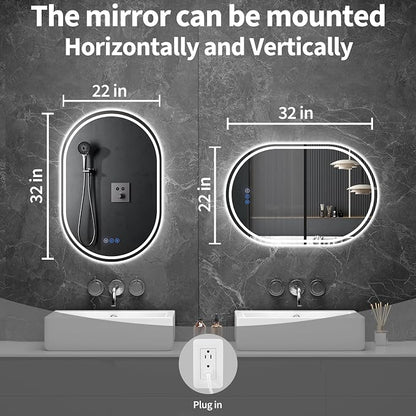 Oval LED Bathroom Mirror, 22"x 32" Frameless Lighted Mirror | LED Mirror with Front Light & Backlit, Anti-Fog, Dimmable Wall Mounted Lighted Mirror, Pill-Shaped Smart Bathroom Mirror