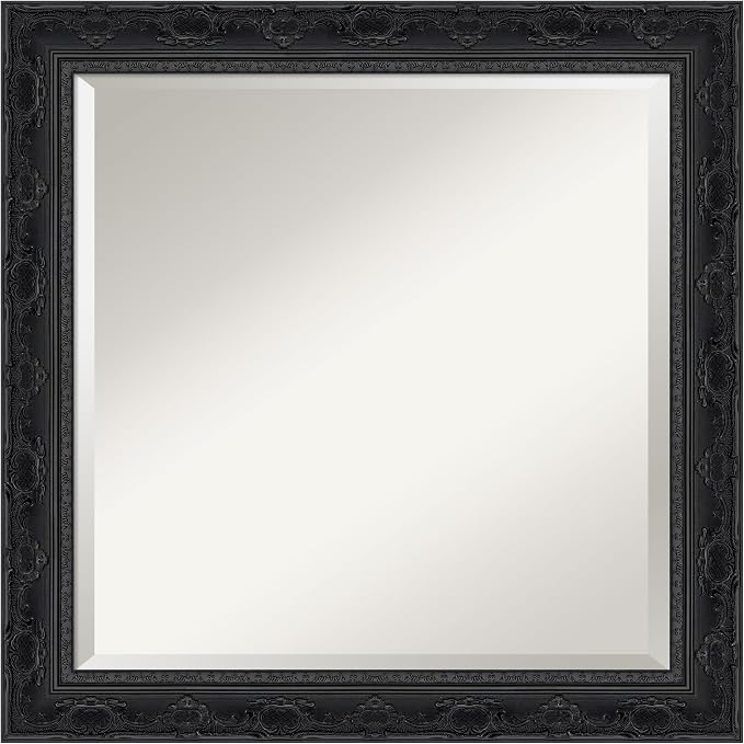 Amanti Art Black Bathroom Mirror for Over Sink, 24x24 Filigree Gloss Black Square Vanity Mirror, Medium Traditional Frame, Hangs Horizonally and Vertically, Bathroom Wall Decor, Beveled Edge
