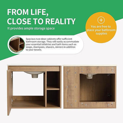24 Inch Bathroom Vanity with White Sink Combo,Wall-Mounted Bathroom Vanity 1 Door&Right Side Shelf for Small Space, Modern Floating Bathroom Cabinet with Top Basin,Brown