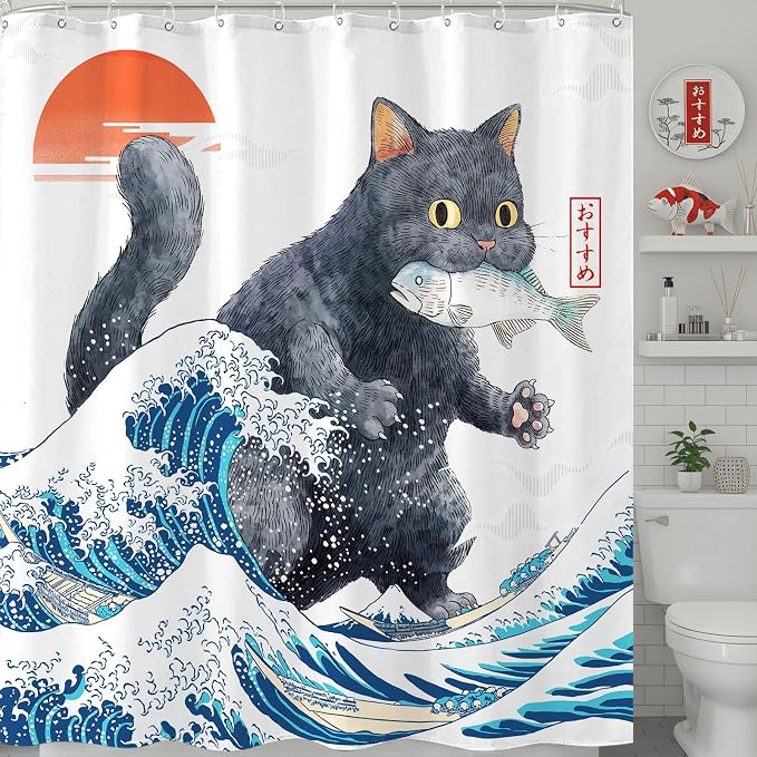 Accnicc Funny Black Cat Shower Curtain for Bathroom 72 X 72 Inch | Fun Cool Cat Monster Shower Curtains, Japanese Ocean Wave Kids Bath Curtain Decor, Water-Resistant Washable Polyester Fabric