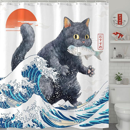 Accnicc Funny Black Cat Shower Curtain for Bathroom 72 X 72 Inch | Fun Cool Cat Monster Shower Curtains, Japanese Ocean Wave Kids Bath Curtain Decor, Water-Resistant Washable Polyester Fabric