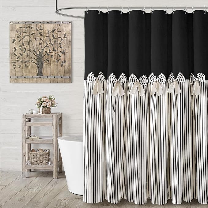 Farmhouse Shower Curtain Linen Bow Pleated Black Stripe 72"W x 96"L | Farmhouse Style, Chic Bow, Striped, Linen Fabric, Rustic, Country, Natural Look, Washable, for Bathroom Bathtub