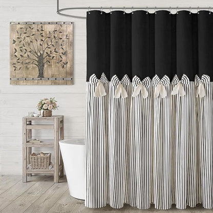 Farmhouse Shower Curtain Linen Bow Pleated Black Stripe 72"W x 96"L | Farmhouse Style, Chic Bow, Striped, Linen Fabric, Rustic, Country, Natural Look, Washable, for Bathroom Bathtub