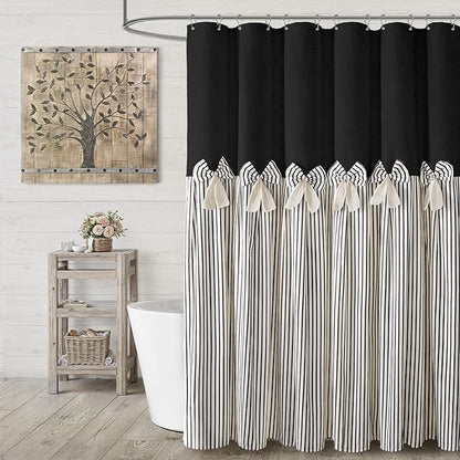Farmhouse Shower Curtain Linen Bow Pleated Black Stripe 72"W x 84"L | Farmhouse Style, Chic Bow, Striped, Linen Fabric, Rustic, Country, Natural Look, Washable, for Bathroom Bathtub
