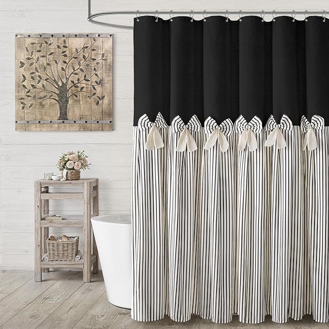 Farmhouse Shower Curtain Linen Bow Pleated Black Stripe 72"W x 78"L | Farmhouse Style, Chic Bow, Striped, Linen Fabric, Rustic, Country, Natural Look, Washable, for Bathroom Bathtub