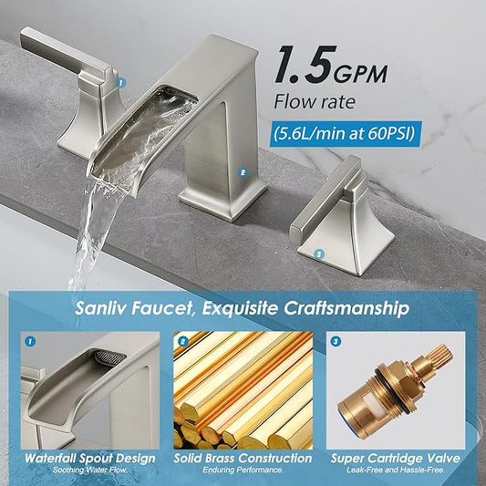 Brushed Nickel Waterfall Bathroom Faucet, Sanliv 3-Piece Wide Spread Bathroom Faucets for 3-Hole Sinks 4-8 inch, 2-Handle Vanity Faucet with Drain Assembly, Brushed Nickel