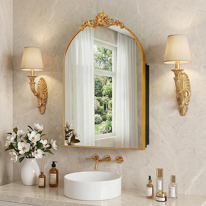 Casaphoria 36" H x 24" W Arched Bathroom Medicine Cabinet with Mirror, Metal Frame Wall Mirror Cabinet,Wall Medicine Cabinets Mirrors, Gold