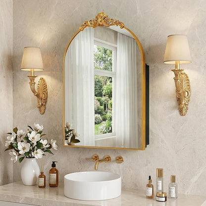 Casaphoria 36" H x 24" W Arched Bathroom Medicine Cabinet with Mirror, Metal Frame Wall Mirror Cabinet,Wall Medicine Cabinets Mirrors, Gold