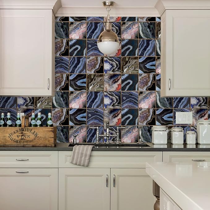 Alwayspon Vinyl Sticker Peel and Stick, Self-Adhesive Wall Tile Transfers Backsplash Sticker Decal for Kitchen Bathroom, 6x6inch/15x15cm 10Pcs, Dark Stone Stripes T047
