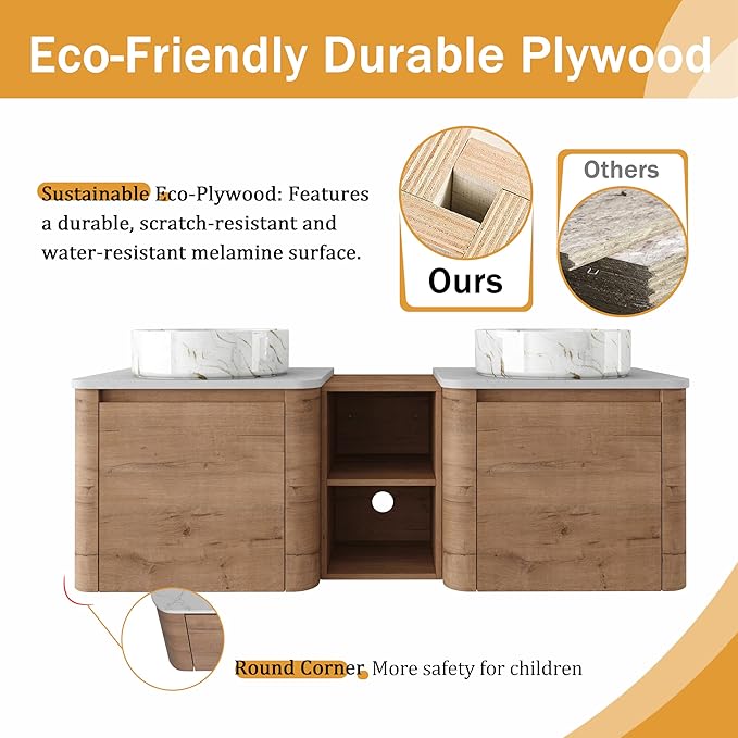 Malwee 60" Floating Bathroom Vanity with Sink, 60 Inch Wall Mounted Bathroom Cabinet Combo, Modern Double Sink Bath Storage Vanity Set, with 2 Soft Close Doors and Ceramic Vessel Basin Top(60-PP