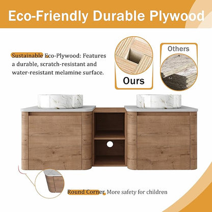 Malwee 60" Floating Bathroom Vanity with Sink, 60 Inch Wall Mounted Bathroom Cabinet Combo, Modern Double Sink Bath Storage Vanity Set, with 2 Soft Close Doors and Ceramic Vessel Basin Top(60-PP