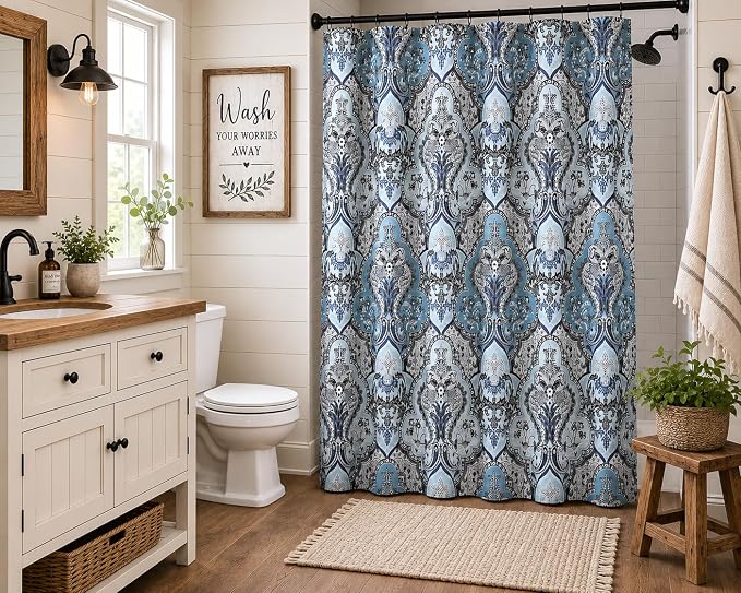 Decorative Blue & Silver Grey Gray Boho Fabric Shower Curtain, Modern Farmhouse for Vintage Rustic Bathroom Decor, Floral Victorian, 72 x 72 | 72" x 72", Easy Care, Washable, Modern Farmhouse Bath Decor Floral Victorian