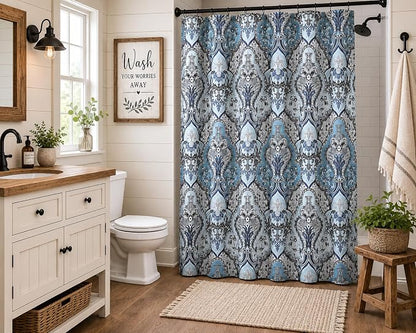 Decorative Blue & Silver Grey Gray Boho Fabric Shower Curtain, Modern Farmhouse for Vintage Rustic Bathroom Decor, Floral Victorian, 72 x 72 | 72" x 72", Easy Care, Washable, Modern Farmhouse Bath Decor Floral Victorian