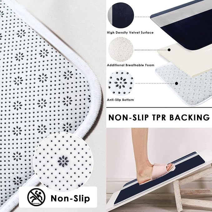 Bathroom Sets with Shower Curtain and Rugs 4 Pcs, Geometric | Striped Minimalist Navy Blue Bathroom Decor Set with Toilet Lid Cover, Non-Slip Bath Mats and Accessories 12 Hooks