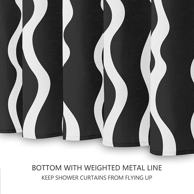 Tititex Cute Curvy Wavy Lines 140gsm Faux Linen Fabric Shower Curtain, Elegant Beige Black Wave Striped Shower Curtain Sets Decoration 72x72 Inch with Hooks