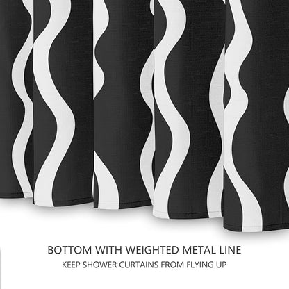 Tititex Cute Curvy Wavy Lines 140gsm Faux Linen Fabric Shower Curtain, Elegant Beige Black Wave Striped Shower Curtain Sets Decoration 72x72 Inch with Hooks