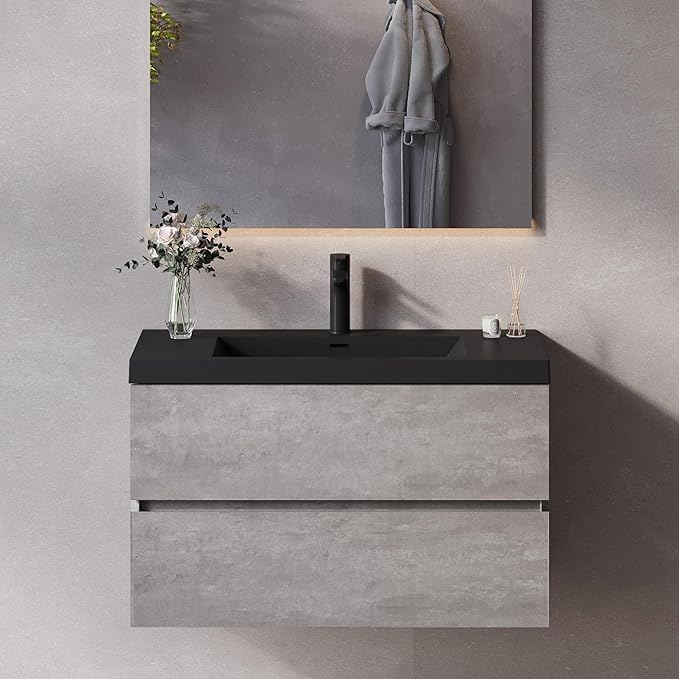 Wall Mounted 36 Inch Bathroom Vanity with Sink, Floating Vanity Bathroom, Single Sink Bathroom Vanity, 2 Drawers, Resin Integrated Sink (Dark Birch)