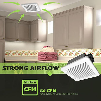 Homewerks 7114-02-HW DC Bathroom Fan 50-CFM 1.0 Sone White Ventilation Fan, Energy Star-Qualified with 3-inch Duct for 2x4 Construction