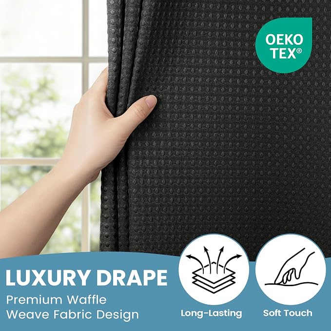 SORTTO No Hook Shower Curtain with Snap in Liner Set Waffle Shower Curtain for Bathroom Hotel Style Fabric Waterproof Inner Liner，71" W x 80" H, Black