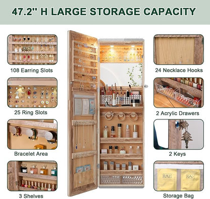 HNEBC Over the Door Jewelry Organizer with LED RGB Lights, 47.2" Full Length Mirror with Storage, Wall Mounted Jewelry Armoire, Hanging Mirror with 2 Drawers,Lokable,3 Shelves-Wood