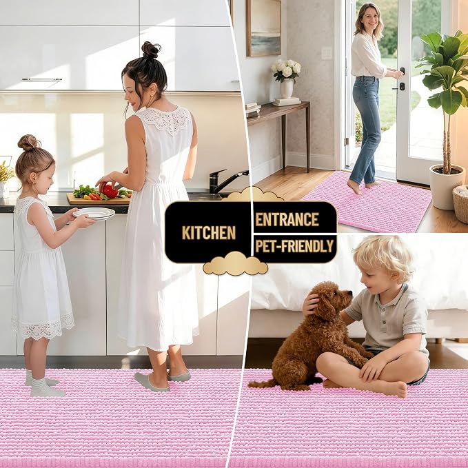 OLANLY Thick Chenille Bathroom Runner Rugs 44x24, Absorbent Bath Mat, Pink | Soft Bath Rugs, Rubber Backing, Machine Wash Dry, Bath Mats for Bathroom, Tub and Shower, Home Decor Accessories