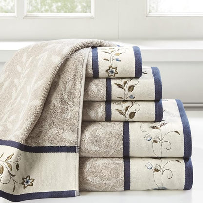 Madison Park Serene 100% Cotton Bath Towel Set Luxurious Floral Decorative Towels for Bathroom Embroidered Cotton Jacquard Design Soft Highly Absorbent for Shower 600 GSM, Multi-Sizes, Navy 6 Piece | Luxurious Floral Decorative Towels for Bathroom, Emb...