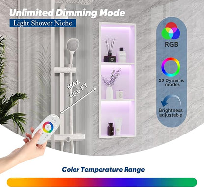 3-Tier 12x36Inch Wall Niche with RGB Lights, White Recessed Stainless Steel Shower Niche with RGB Colorful Remote Control, NO Tile Needed Bathroom Storage Organizer Waterproof