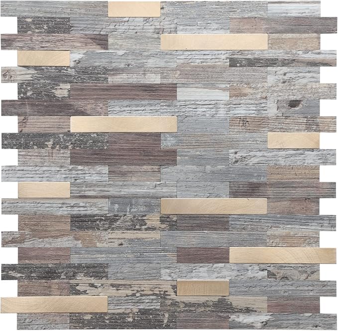 STICKGOO Peel and Stick Backsplash, PVC Wall Tiles Stick on Backsplash for Kitchen(1 Sheet, Distressed Wood with Metal Gold)