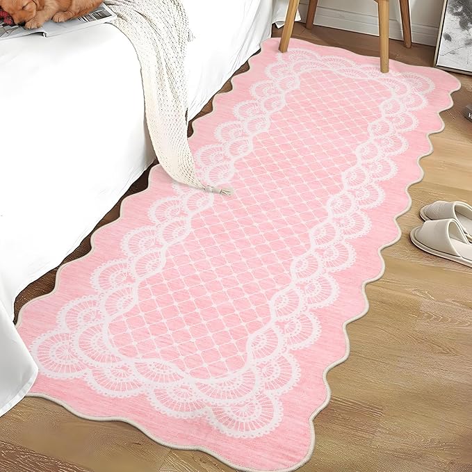 GarveeHome Washable Pink Rugs 2x6 Scalloped Kitchen Runner Rug Hallway, Non-Slip Bordered Bedside Rug, Non-Shedding Scalloped Carpet Runner for Laundry Room, Bedroom, Living Room, Pink