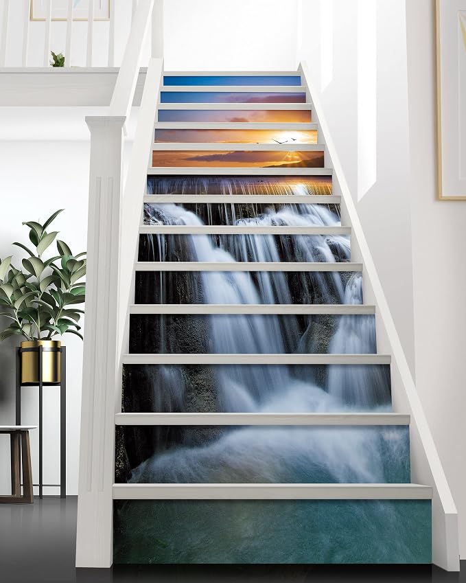 FLFK Waterfall Stair Stickers - Set of 15, Peel and Stick Stair Riser Decals, 39.3"x7.08"