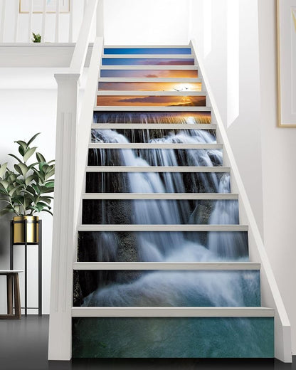 FLFK Waterfall Stair Stickers - Set of 15, Peel and Stick Stair Riser Decals, 39.3"x7.08"