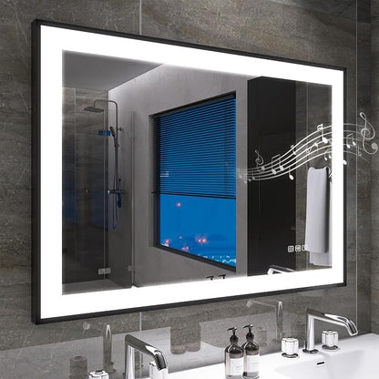 S·BAGNO 40" x 28" LED Bathroom Mirror with Black Frame, Led Mirror for Bathroom, Built in Bluetooth Speaker, Dimmable Brightness, Color Changing, Anti-Fog, Horizontally/Vertically