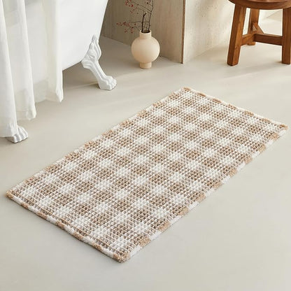 TYUU Waffle Bath Mat, Boho Bathroom Rugs Non Slip, 48x24 Khaki & White | Super Absorbent Quick Dry Bath Rug, Non-Slip Backing, Soft Waffle Washable Farmhouse Bathroom Mats, Tub, Shower & Home Decor