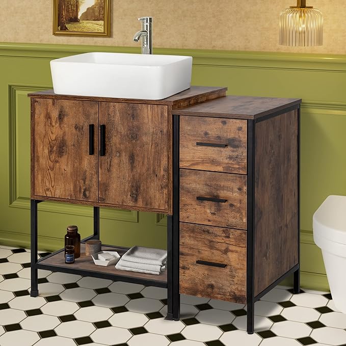 UEV 36" Antique Bathroom Vanity, Dark Brown Bathroom Vanity Set with Sink and 3 Drawers Side Cabinet Combo, Iron Wood Bathroom Cabinet with Adjustable Water Temperature Faucet (T03)