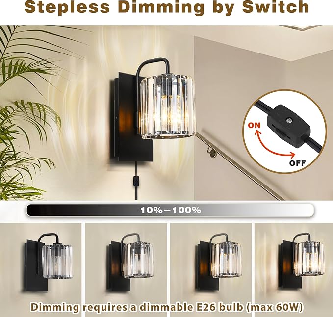 Plug in Crystal Wall Sconces, Black Plug in Sconce with Dimmer Cord | 10 inch Glass Wall Light Fixtures with Cord for Living Room Bedroom Hallway Staircase Bedside Square E26