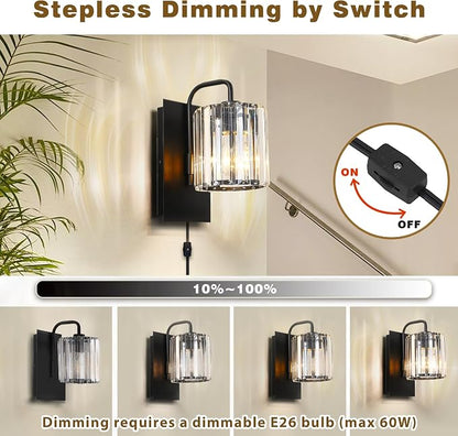 Plug in Crystal Wall Sconces, Black Plug in Sconce with Dimmer Cord | 10 inch Glass Wall Light Fixtures with Cord for Living Room Bedroom Hallway Staircase Bedside Square E26