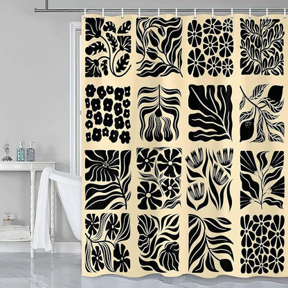 JAWO Retro Shower Curtain Vintage Abstract Boho Floral Shower Curtains for Bathroom Decor Pink Black Botanical Geometric Groovy Aesthetic Pattern Shower Curtain Sets with Hooks,69X84IN
