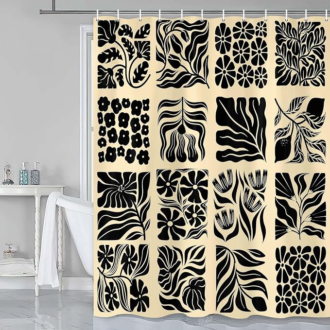 JAWO Retro Shower Curtain Vintage Abstract Boho Floral Shower Curtains for Bathroom Decor Pink Black Botanical Geometric Groovy Aesthetic Pattern Shower Curtain Sets with Hooks,70X70IN