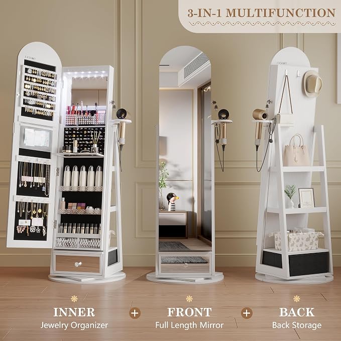 LVSOMT 64" H Arched LED Mirror Jewelry Cabinet Standing, White | 360° Swivel Full-Length Mirror with Storage, Lockable Jewelry Organizer with Inner Makeup Shelf, Gift for Women
