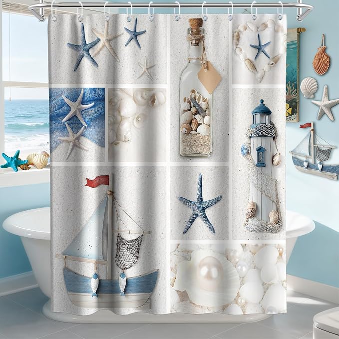 White Beach Shower Curtain Ocean Coastal Nautical Theme Fabric Modern Summer Seashell Bathroom Decor Sets with Grommets and Hooks 60W x 72H Blue