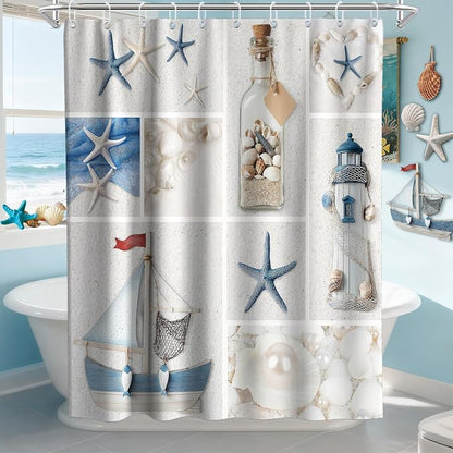 White Beach Shower Curtain Ocean Coastal Nautical Theme Fabric Modern Summer Seashell Bathroom Decor Sets with Grommets and Hooks 60W x 72H Blue