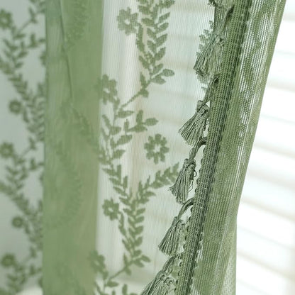 WAZZIO Dark Sage Green Lace Shower Curtain for Bathroom 72" W x 72" L, Victorian Farmhouse Floral Pattern Tassel Fancy Shower Curtain Boho Washable Cloth Decorative Bath Curtains,1 Panel