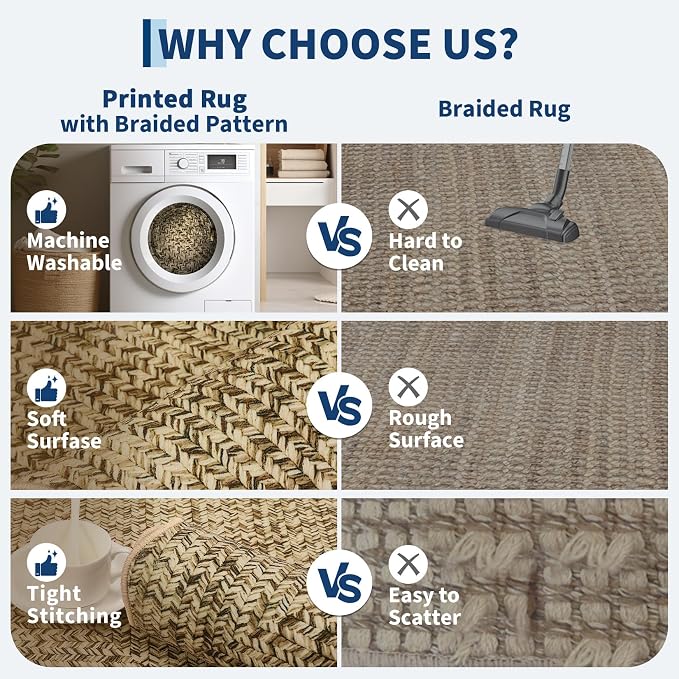 Imitation Braided Collection-Print Large Washable Rug 9x12 Non-Slip Area Rugs for Living Room, Natural Bordered Carpet, Stain Resistant Thin Foldable Floor Cover for Nursery Dining Room