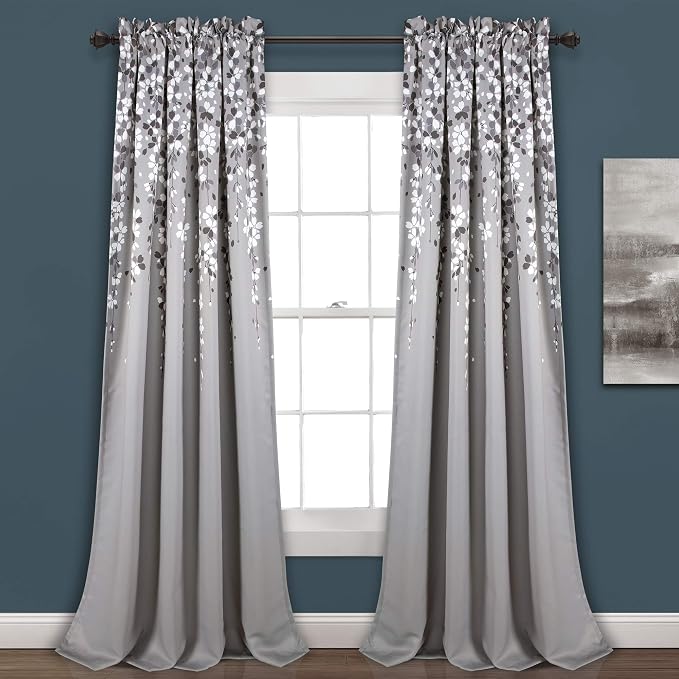 Lush Decor Weeping Flower Light Filtering Window Curtain Panels, Pair, 52"W x 95"L + 2" Header, Gray - Charming Modern Floral Curtains for Living Room, Dining Room, & Bedroom