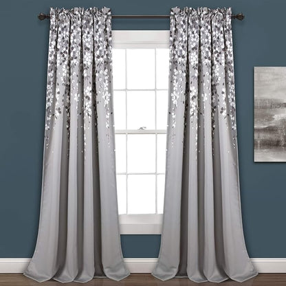 Lush Decor Weeping Flower Light Filtering Window Curtain Panels, Pair, 52"W x 84"L + 2" Header, Gray - Charming Modern Floral Curtains for Living Room, Dining Room, & Bedroom