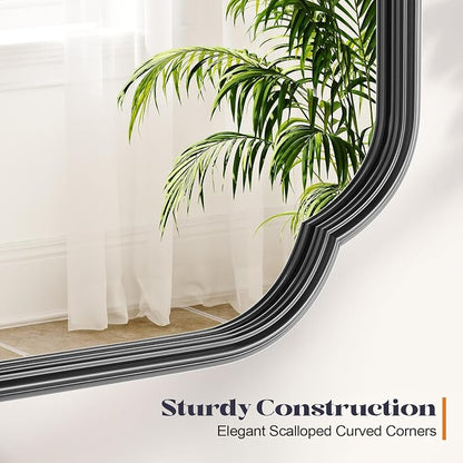 Black Bathroom Scalloped Mirror for Over Sink, 20” x 30” Rounded Corner Rectangle Wall Mirrors with Metal Frame, Modern Vanity Mirror for Mantel, Living Room, Bedroom, Horizontal or Vertical